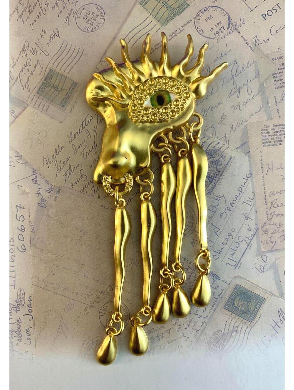 Surrealist Evil Eye Abstract Yellow Metal Dangle Brooch Vintage avant garde